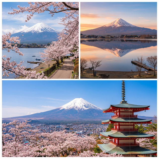 Collage of Lake Kawaguchiko's Big Three photo spots: Nagasaki Park, Kogamasu Landing, and Chureito Pagoda