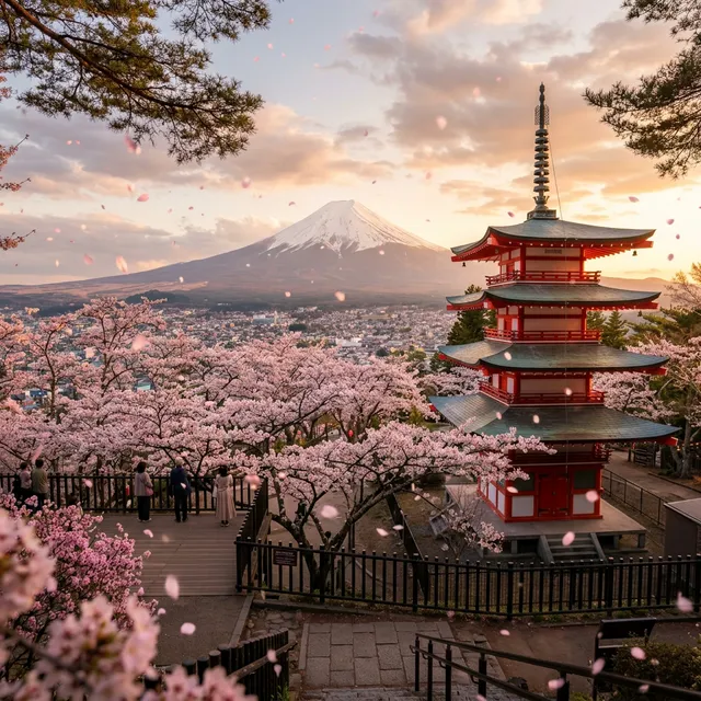 Chureito Pagoda surrounded by cherry blossoms with snow-capped Mount Fuji in the background at Arakurayama Sengen Park