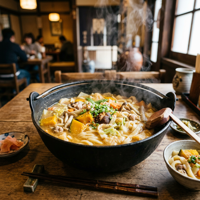 A steaming iron pot of authentic Hōtō noodles with kabocha pumpkin