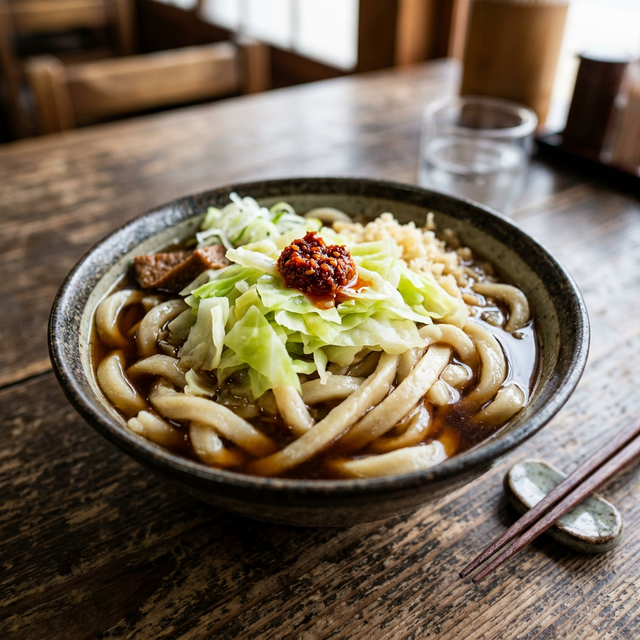 A bowl of firm Yoshida Udon with cabbage