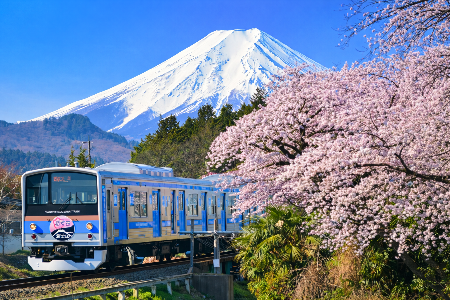 Fuji Excursion train passing through the Japanese countryside with Mount Fuji in the background