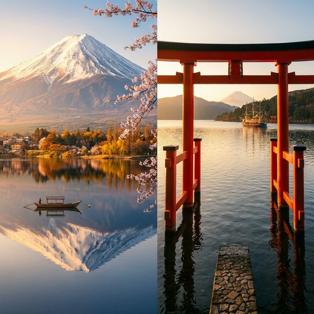 Comparison view of Lake Kawaguchiko and Hakone Lake Ashi with Mt. Fuji