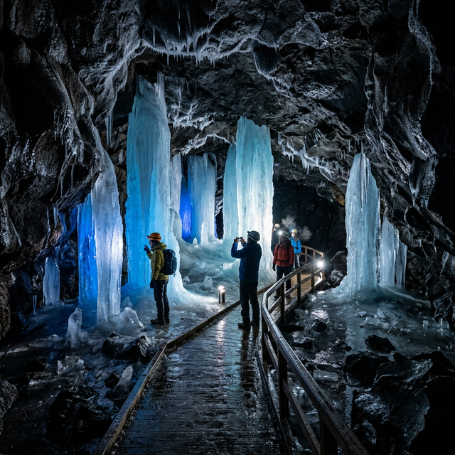 Illuminated ice pillars inside Narusawa Ice Cave