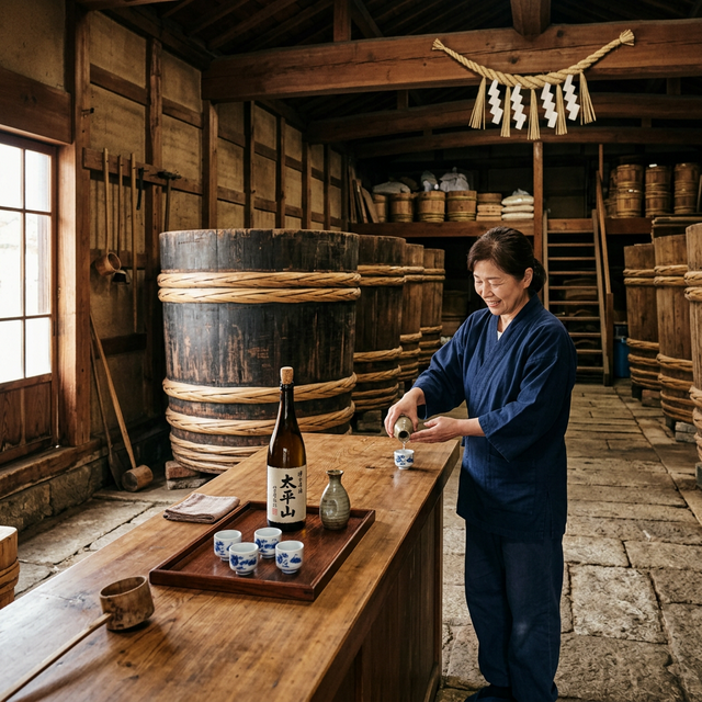 Traditional Japanese sake brewery interior