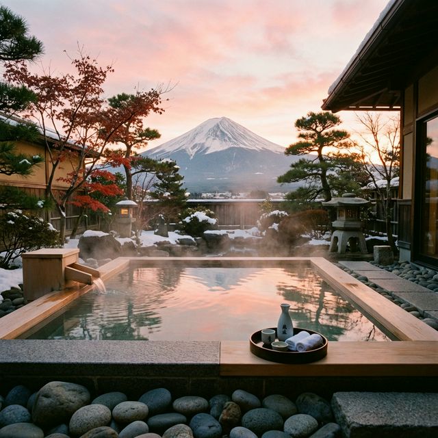 Outdoor onsen with a view of Mount Fuji at sunset