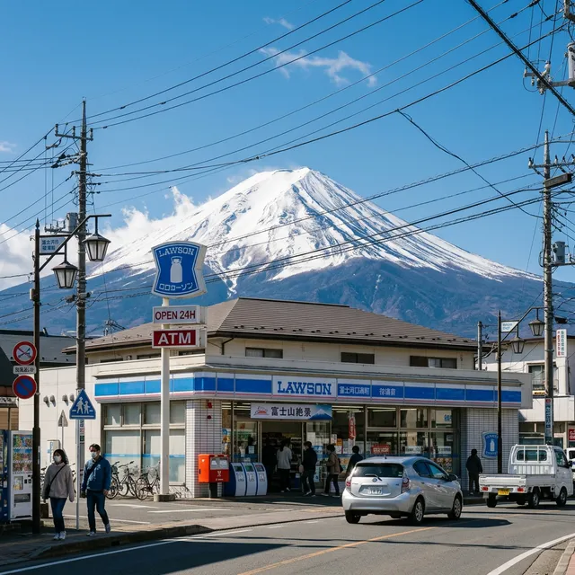 The famous Lawson convenience store in Kawaguchiko with Mount Fuji rising above its roofline