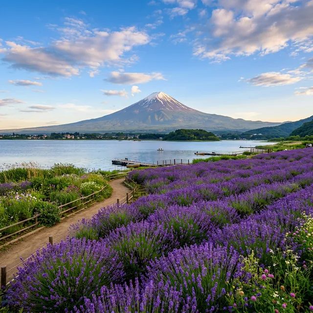 Purple lavender fields at Oishi Park on the northern shore of Lake Kawaguchiko with Mount Fuji across the water