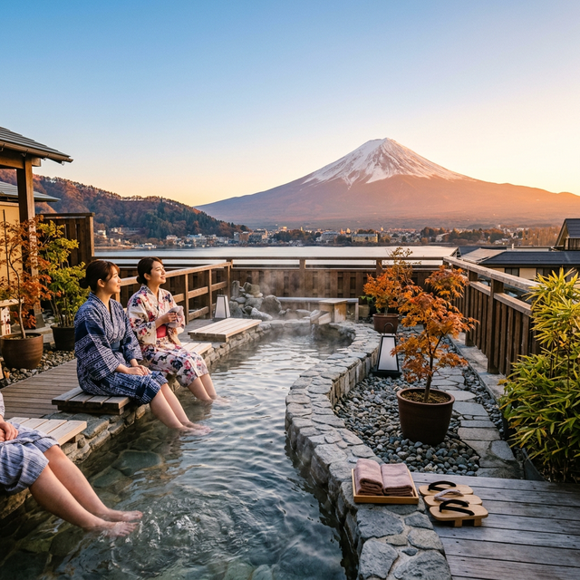 Rooftop footbath with Mt. Fuji view at Konansou