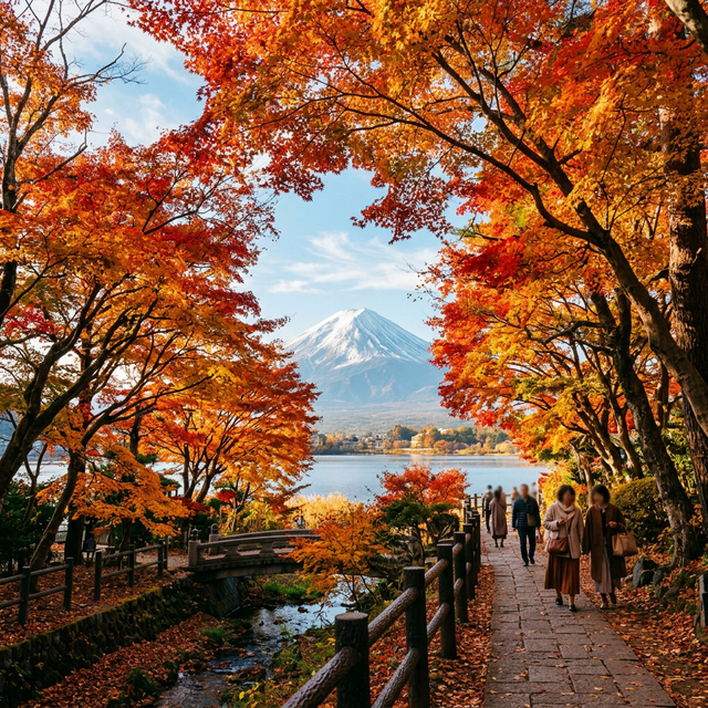 Autumn leaves and Mt. Fuji at the Maple Corridor